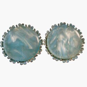 Elegant Blue Marbled Lucite Clip On Earrings  Silver Tone Scalloped Edge